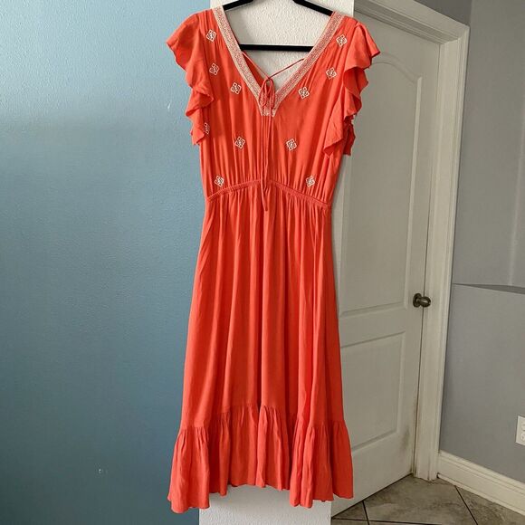 Moon River Anthropologie Orange Embroidered Boho Midi Dress size Medium - Picture 5 of 16